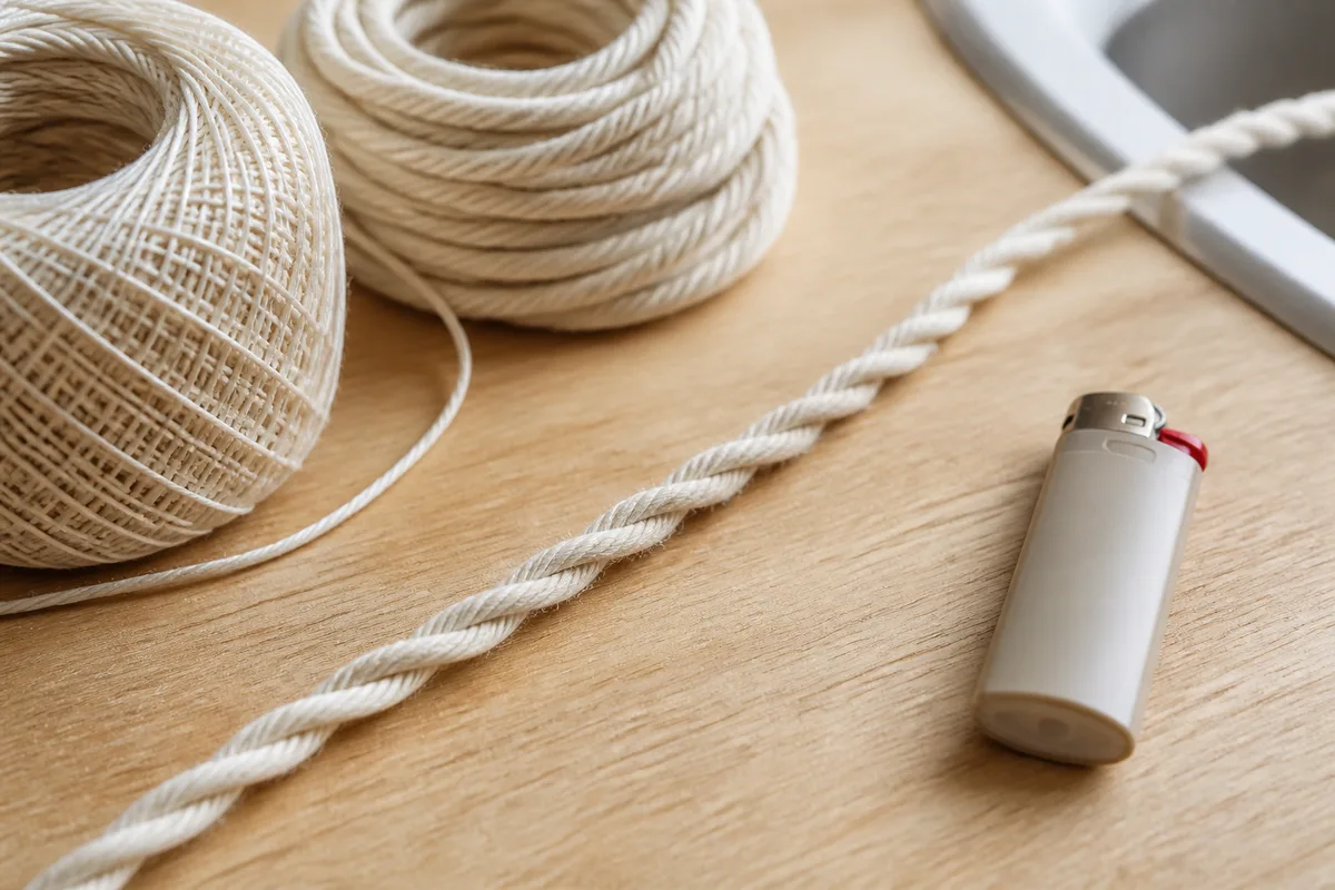 Ficelle de coton écru torsadée et pelote de fil à crocheter posées sur un plan de travail clair