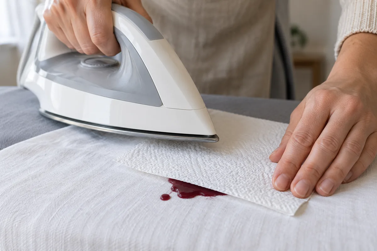 Mains tenant un fer à repasser tiède au-dessus d&rsquo;une feuille de papier absorbant posée sur une nappe blanche marquée d&rsquo;une coulure de cire