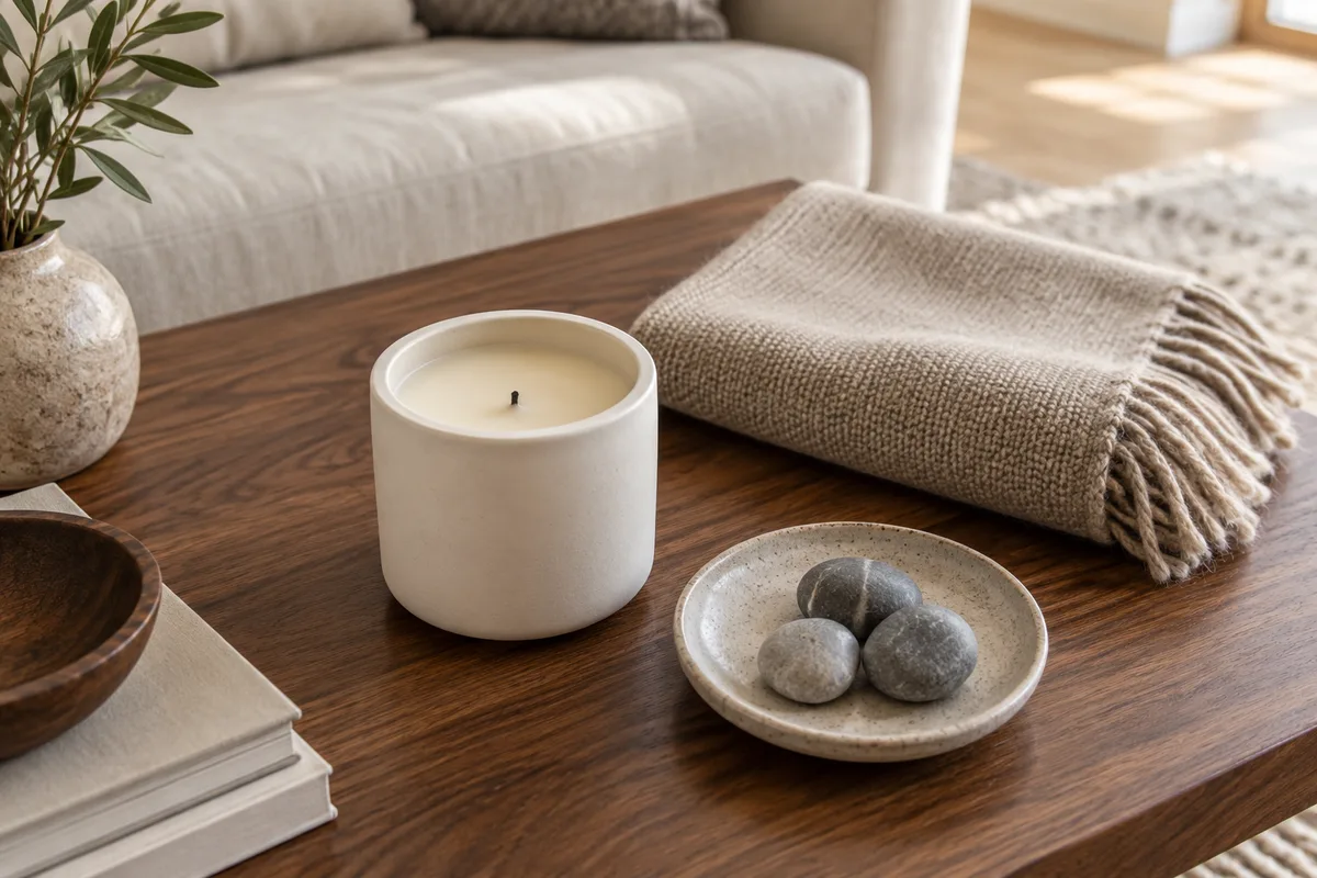 Bougie parfumée éteinte dans un pot en céramique blanche posée sur une table basse en bois, près d&rsquo;un plaid replié