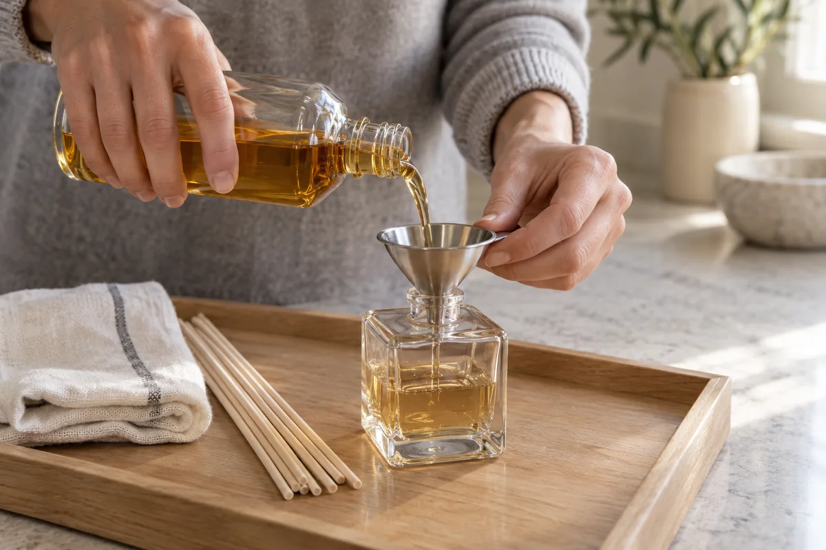 Mains versant lentement un liquide ambré dans un flacon de diffuseur en verre posé sur un plateau en bois clair