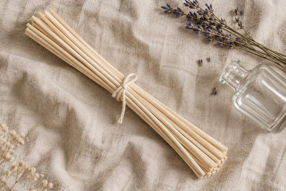 Bâtons de rotin neufs liés en botte par une ficelle de coton, posés sur un linge de lin naturel