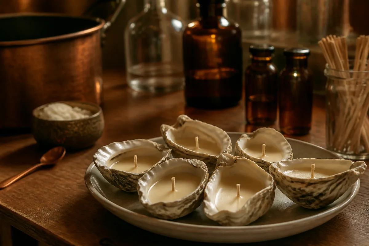 Coquilles naturelles nettoyées et remplies de cire, alignées sur une soucoupe