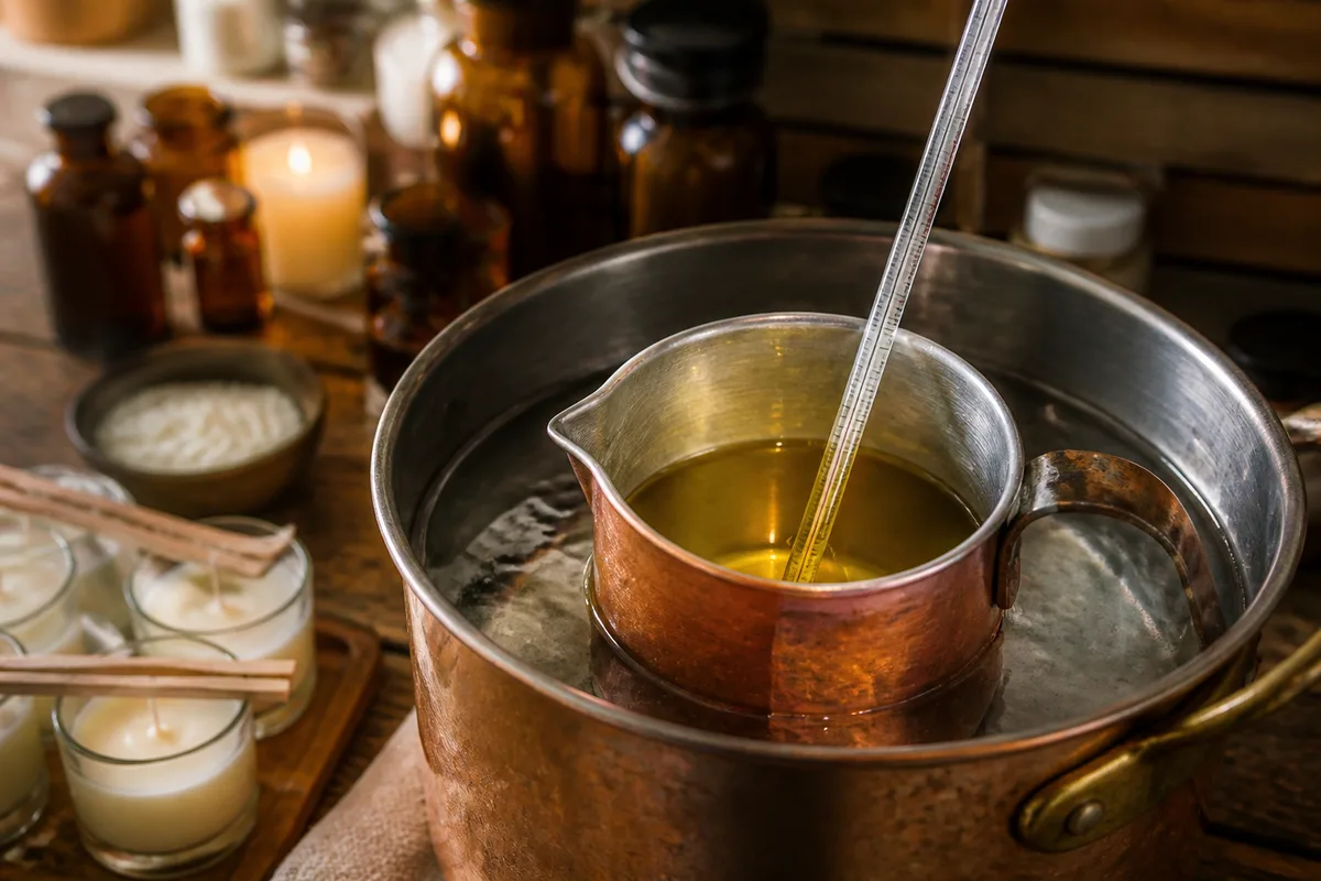 Thermomètre plongé dans un pichet de cire fondue posé sur un bain-marie