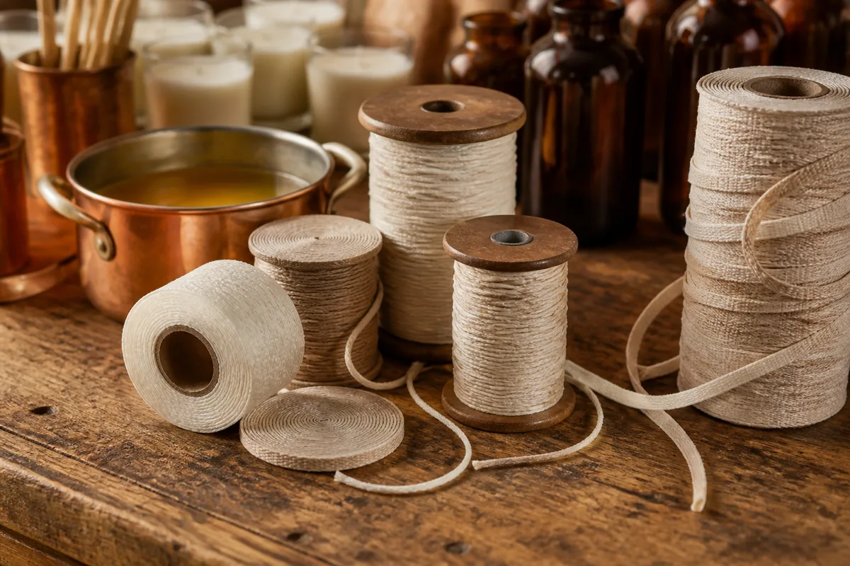 Bobines de fil de coton écru et rouleaux de mèche posés sur un plan de travail en bois