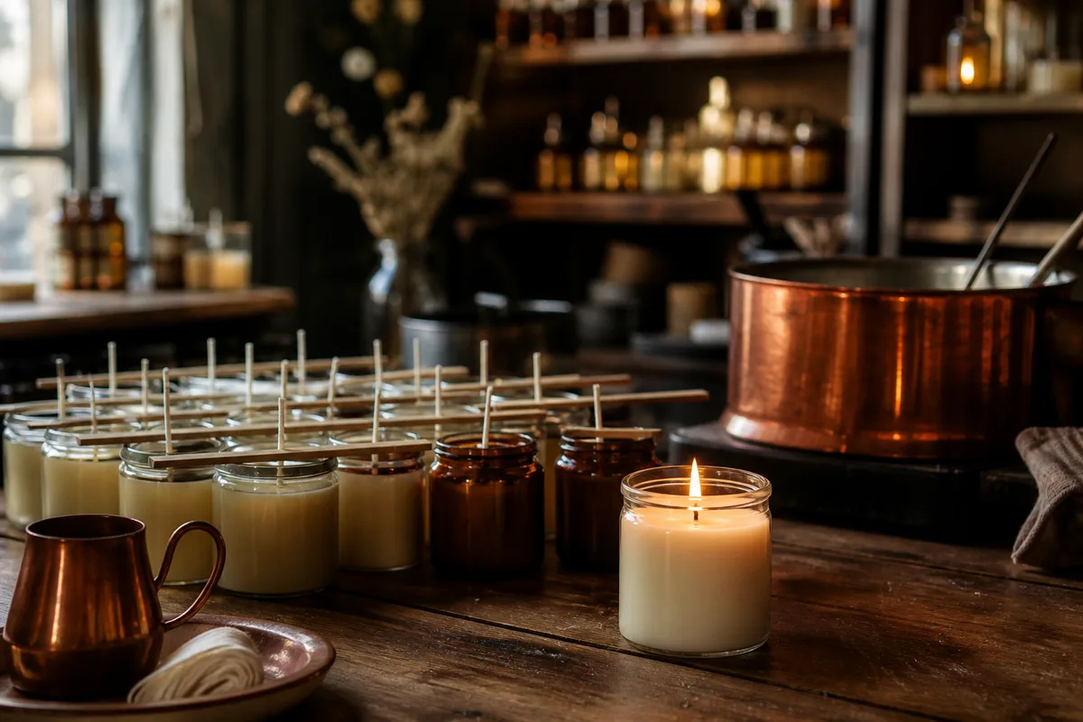 Bougies coulées en contenants de verre, mèches en coton tressé et flamme unique en gros plan