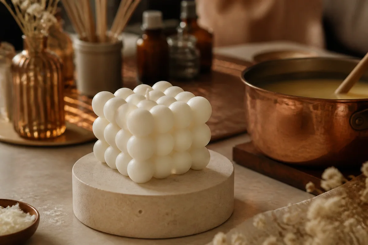 Bougie bubble blanche en forme de cube composé de sphères, posée sur un socle clair