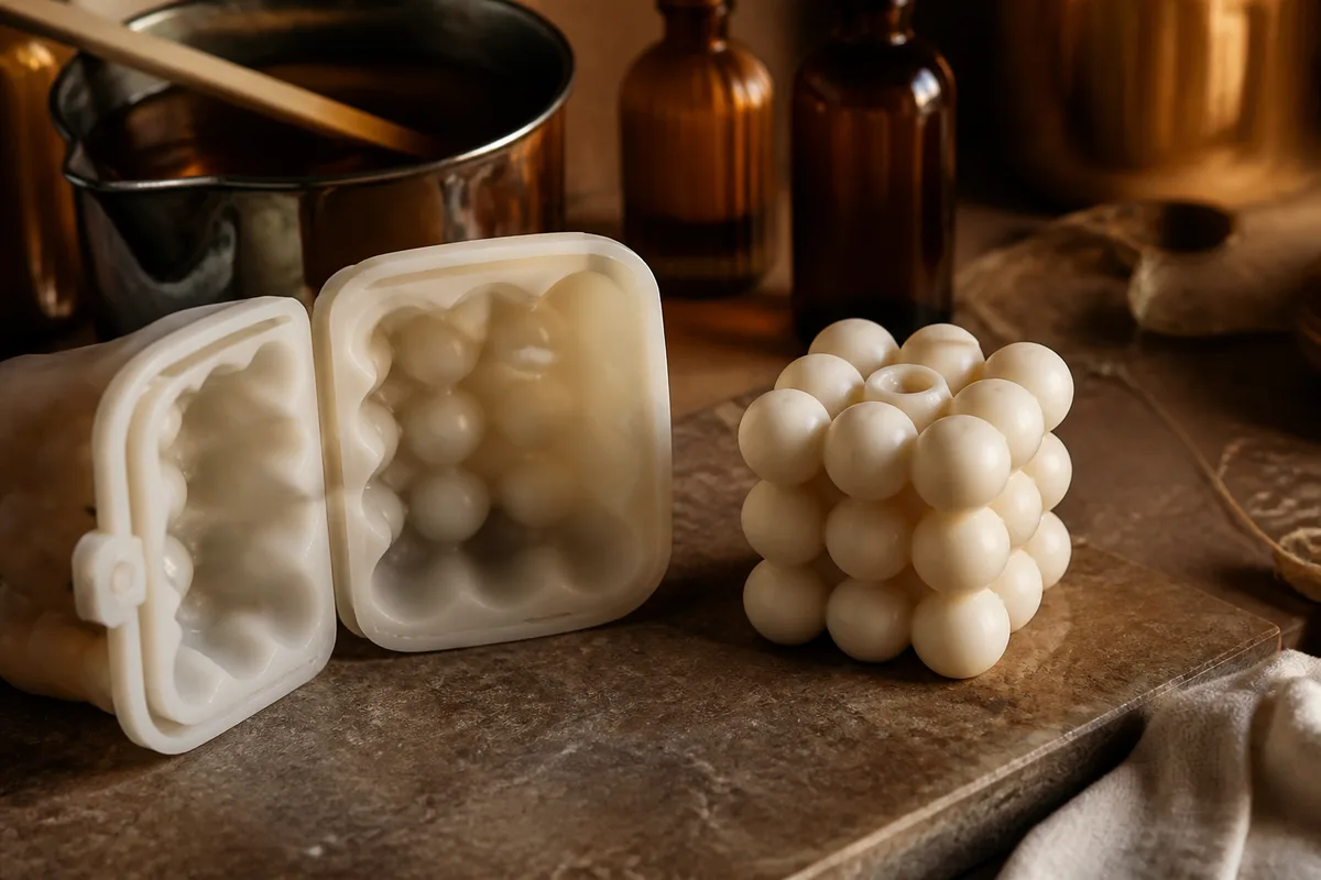 Moule en silicone souple ouvert et cube de cire fraîchement démoulé posé à côté