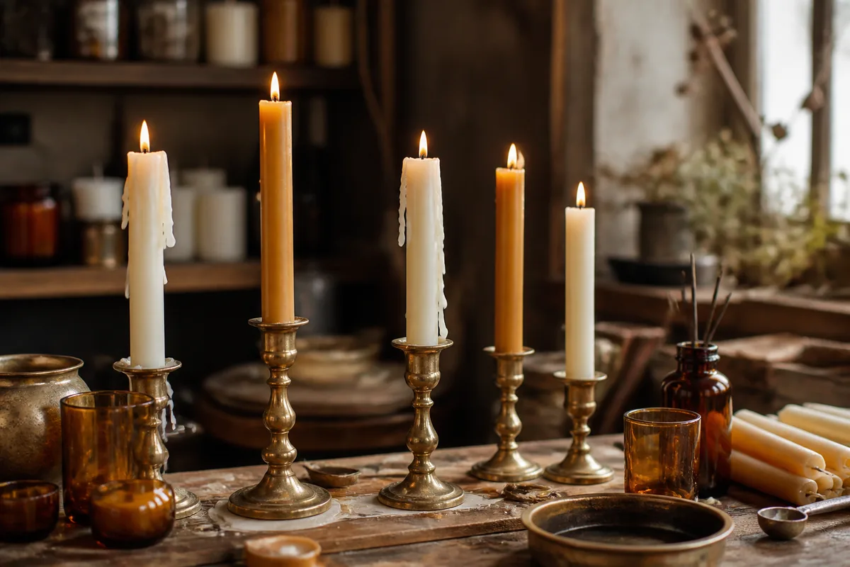 Chandelles blanches et ambrées dressées dans des bougeoirs en laiton