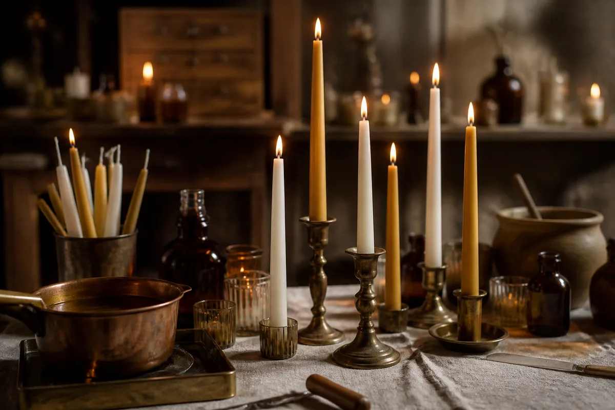 Table dressée avec plusieurs chandelles fines de hauteurs différentes