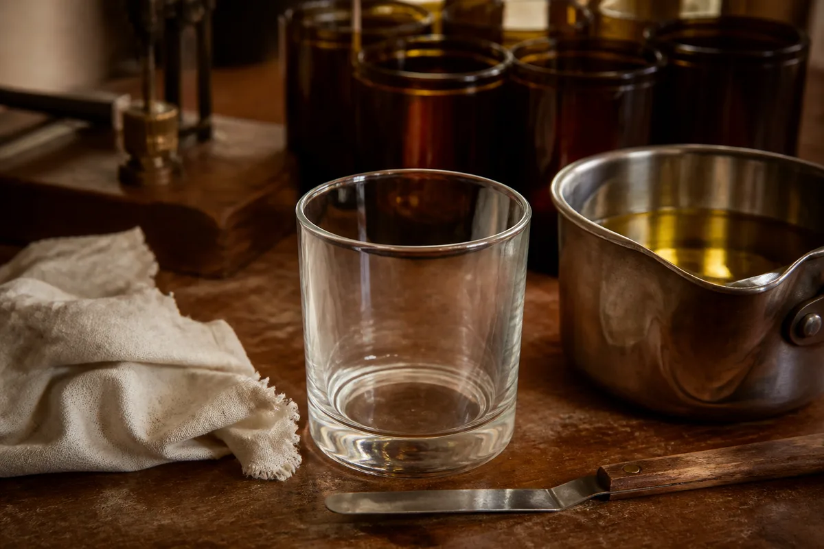 Pot de bougie en verre vidé de sa cire, posé près d&rsquo;un chiffon et d&rsquo;une spatule