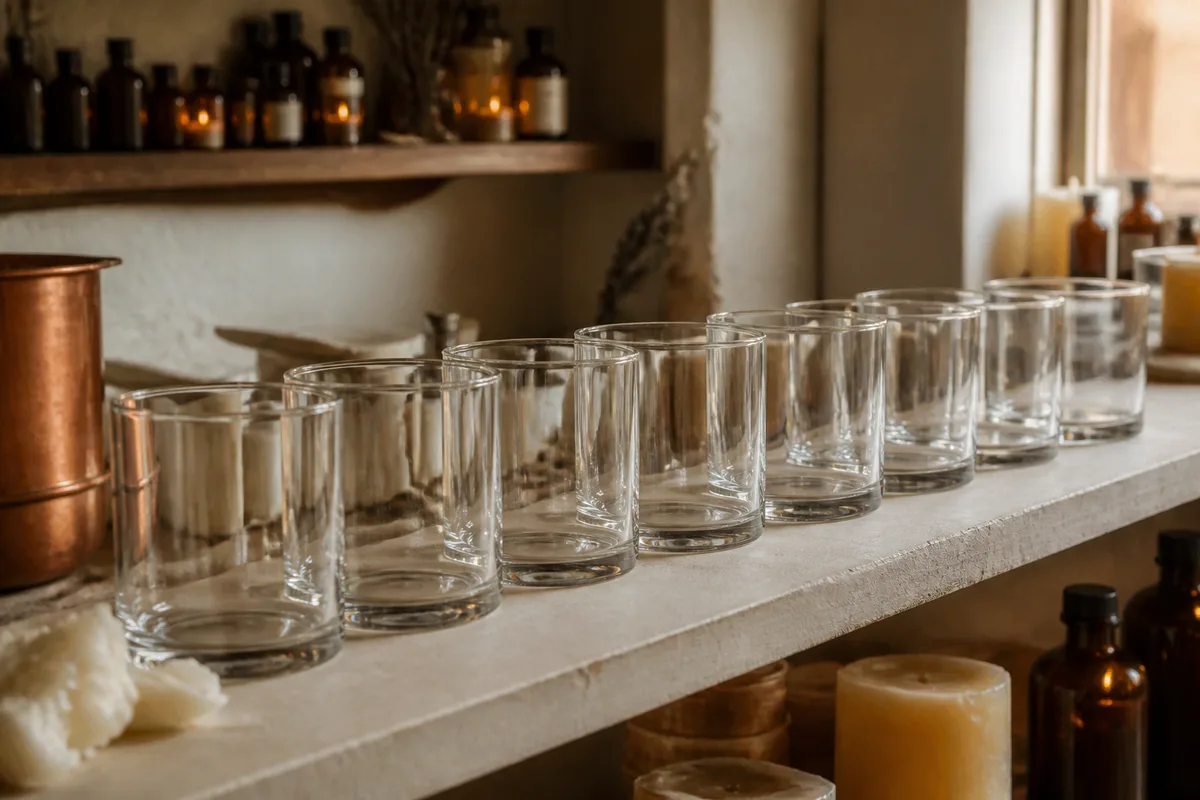 Rangée de pots en verre nettoyés et séchés, alignés sur une étagère claire