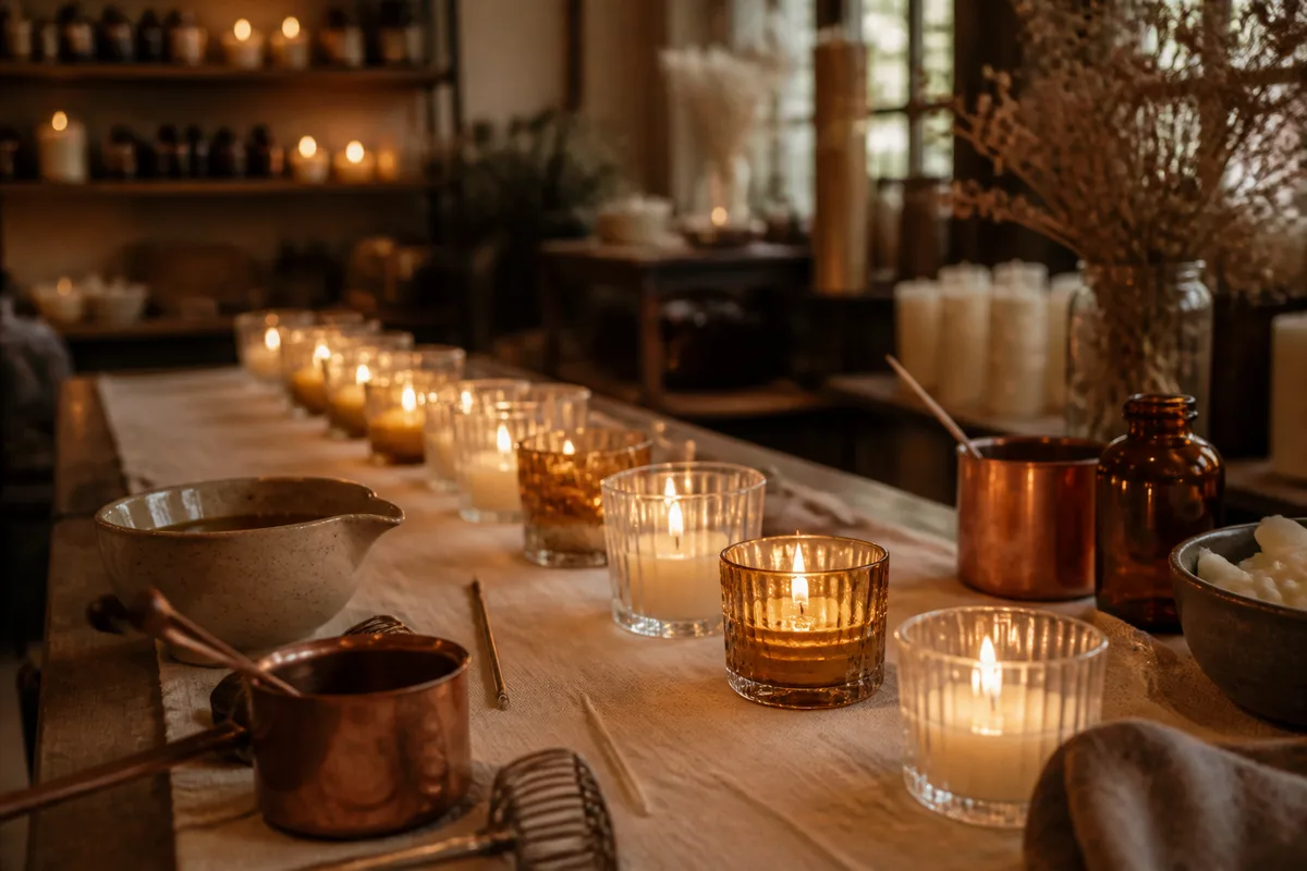 Table dressée avec une ligne de photophores en verre et de petites bougies