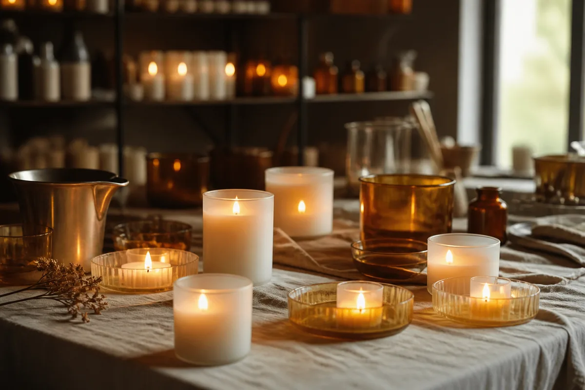Photophores en verre dépoli et coupelles basses disposés en groupe sur une nappe